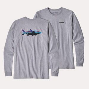PATAGONIA | Men's Gray Fitz Roy Trout Long Sleeve Graphic Logo T-Shirt, Size XS